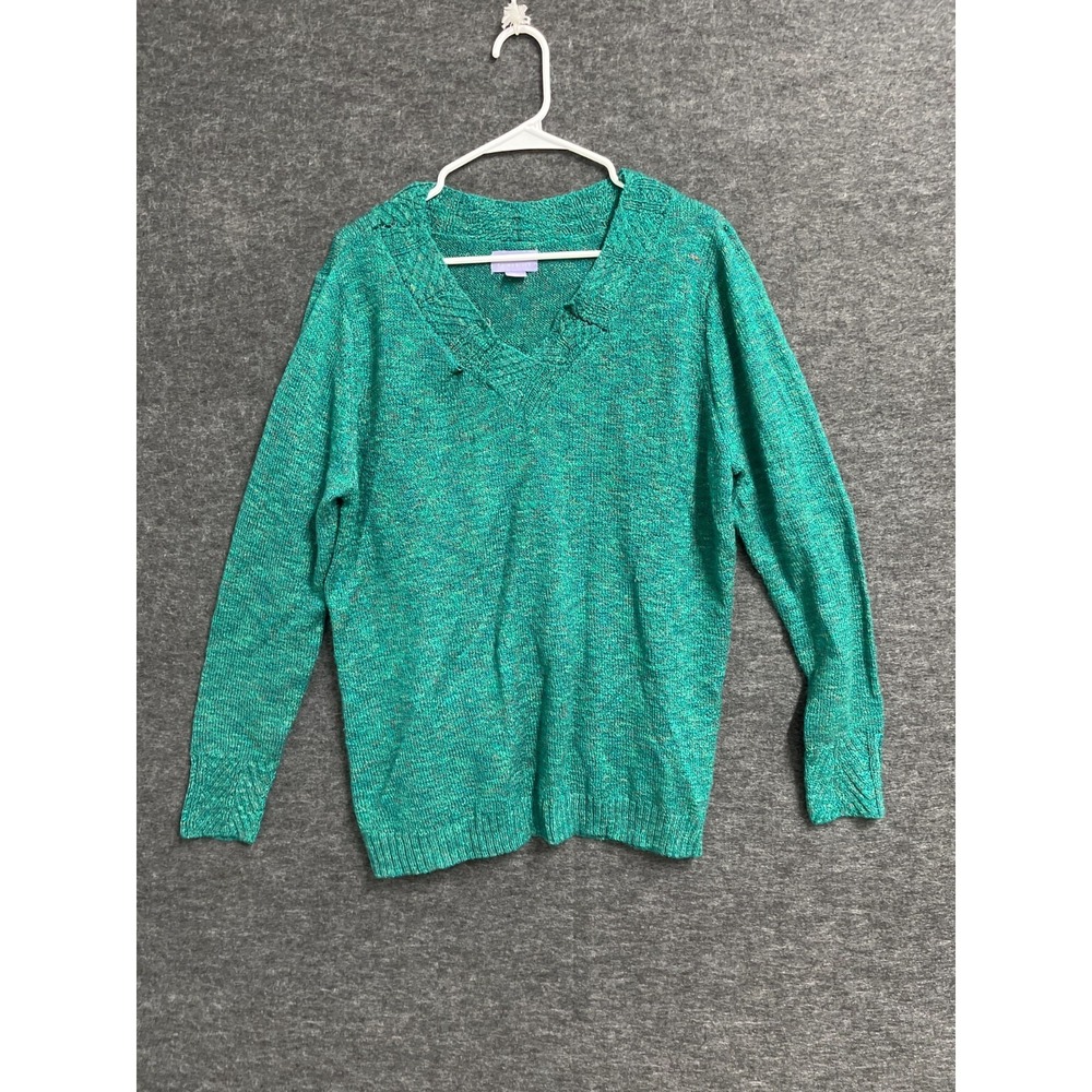 Laura Scott Sweater Womens XL Green Tight Knit Ribbed Trim V Neck Winter Wear